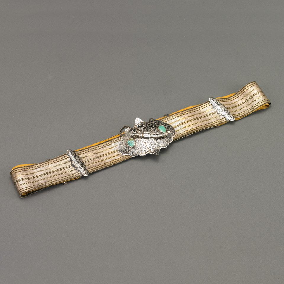 Russian Woven Gold and Silver Thread Belt with Nielloed and Turquoise Mounted Silver Buckle, Moscow, late 19th century