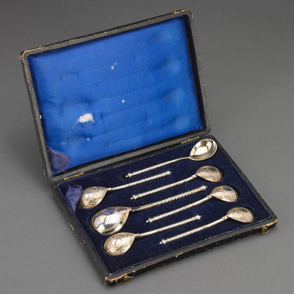 Set of Seven Russian Nielloed Silver-Gilt Spoons, Vasily Semenov, Moscow, 1863