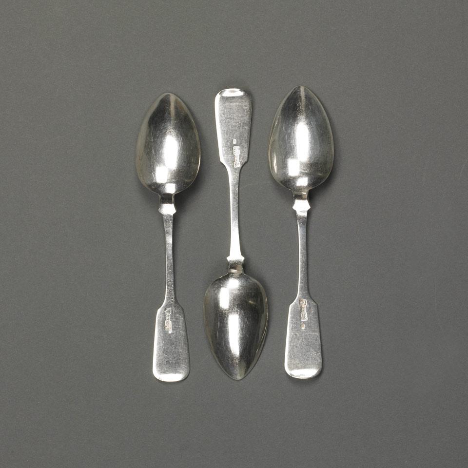 Three Russian Silver Fiddle Pattern Table Spoons, Moscow, 1857