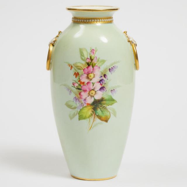 Worcester Eau de Nil Ground Floral Painted Two-Handled Vase, 1882