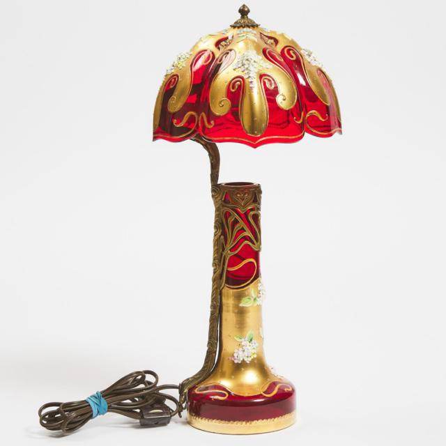 Bohemian Art Nouveau Gilt and Enamelled Red Glass Table Lamp, early 20th century