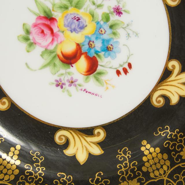 Six Wedgwood Black and Gilt Ground Fruit and Flowers Dessert Plates, A. Pownall, early 20th century