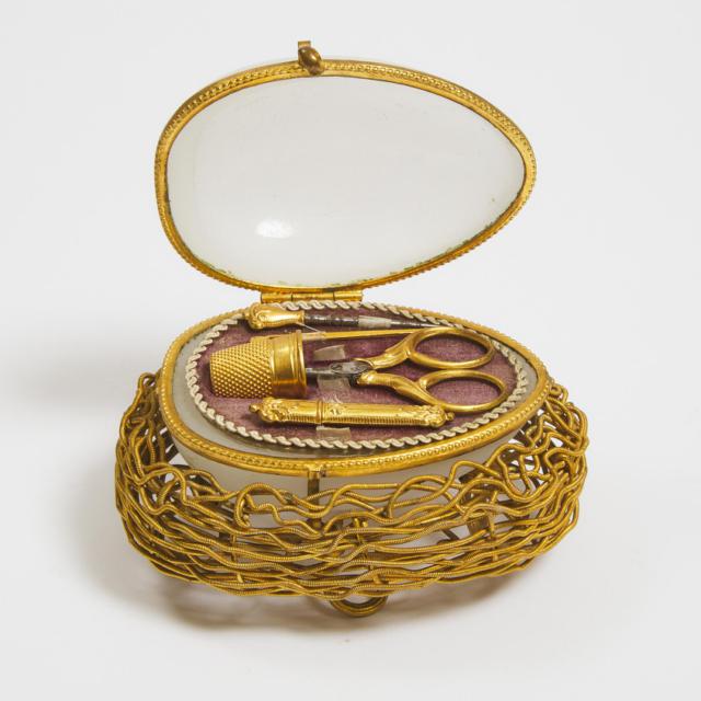 French White Satin Glass and Gilt Wire Nest and Egg Form Sewing Etui, c.1860