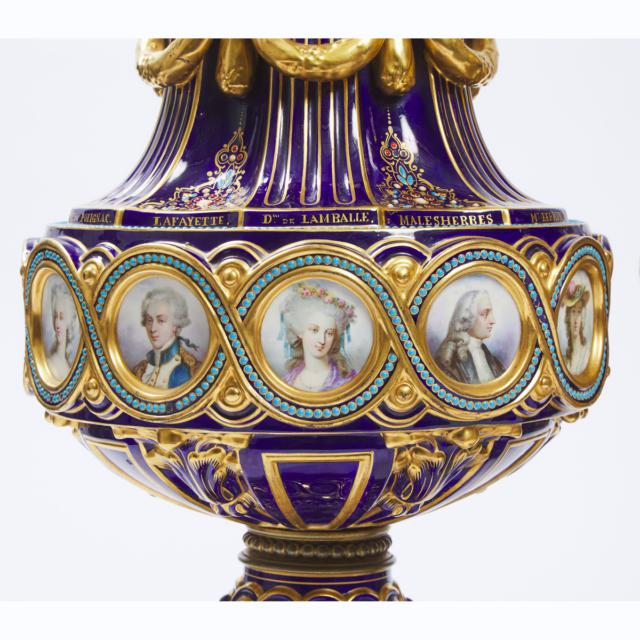 Pair of 'Sèvres' Blue-Ground 'Jeweled' Portrait Roundels Large Vases and Covers, late 19th century