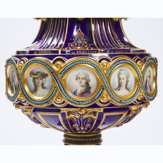 Pair of 'Sèvres' Blue-Ground 'Jeweled' Portrait Roundels Large Vases and Covers, late 19th century