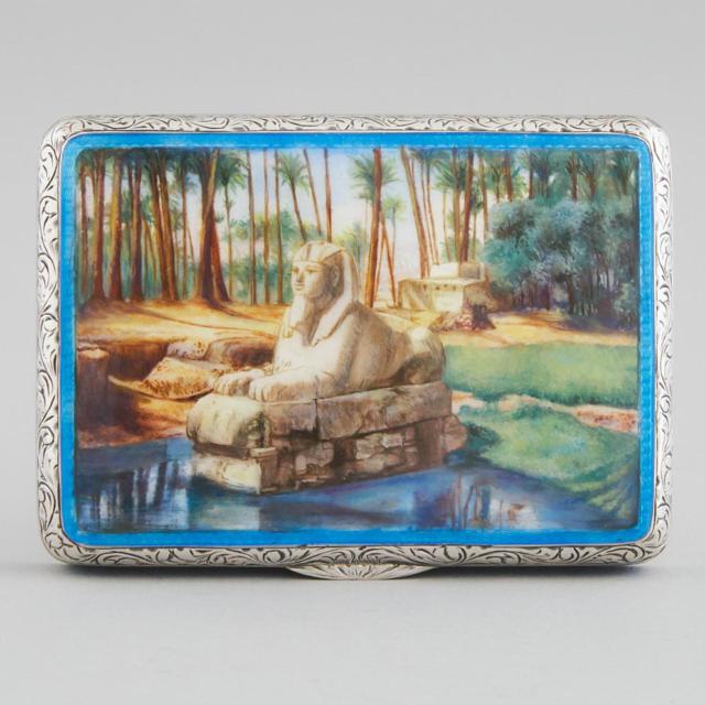 Continental Silver and Painted Guilloché Enamel 'Sphinx' Rectangular Box, early 20th century