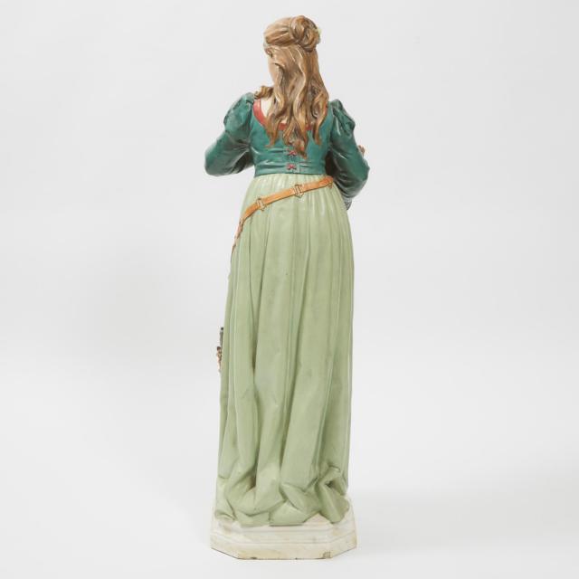 Continental Glazed Earthenware Large Standing Figure of a Young Woman with Basket, c.1900
