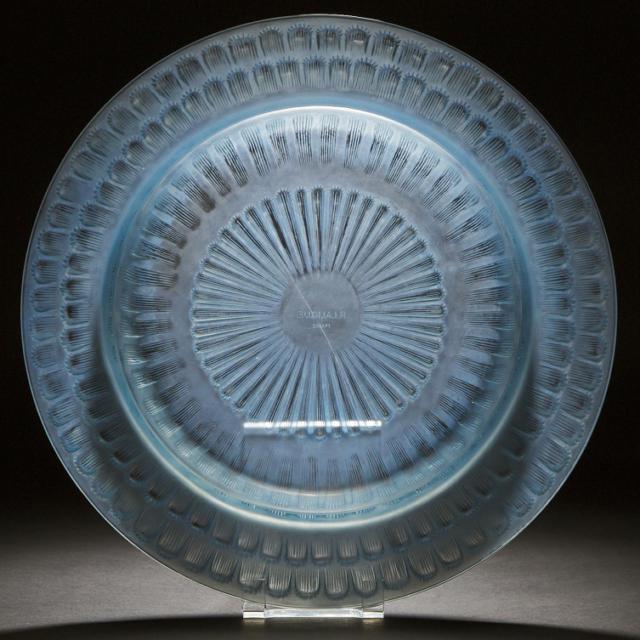 'Hélianthe', Lalique Moulded, Frosted and Blue Enameled Glass Shallow Bowl, 1930s