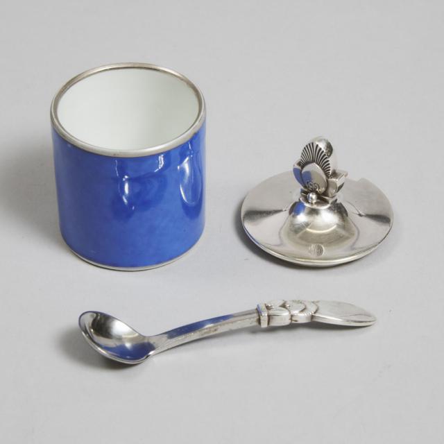 Danish Silver ‘Cactus’ Pattern Covered Royal Copenhagen Mustard Pot and Spoon, #815C, Gundorph Albertus for Georg Jensen, Copenhagen, 1933-44