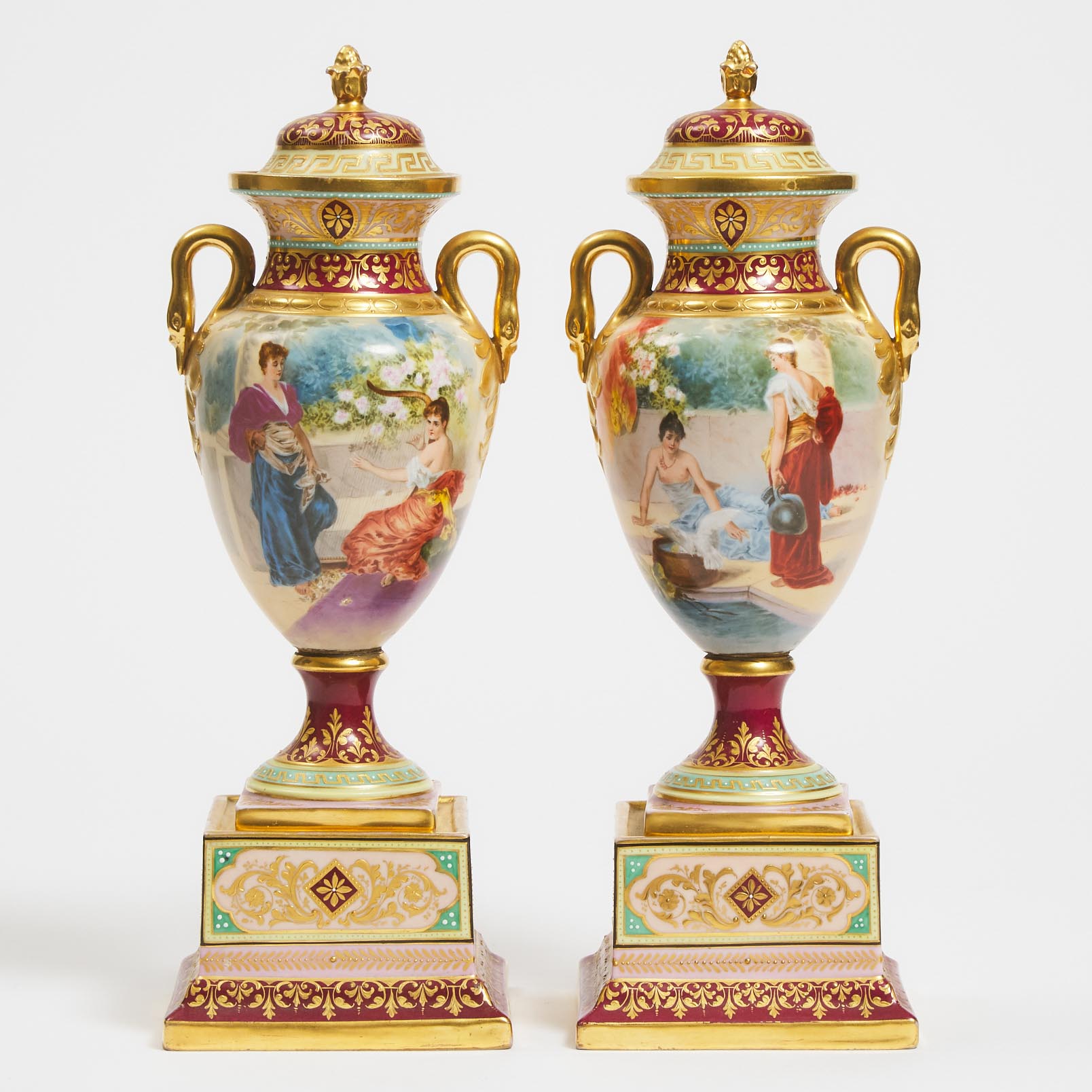 Pair of 'Vienna' Mantel Vases and Covers, early 20th century