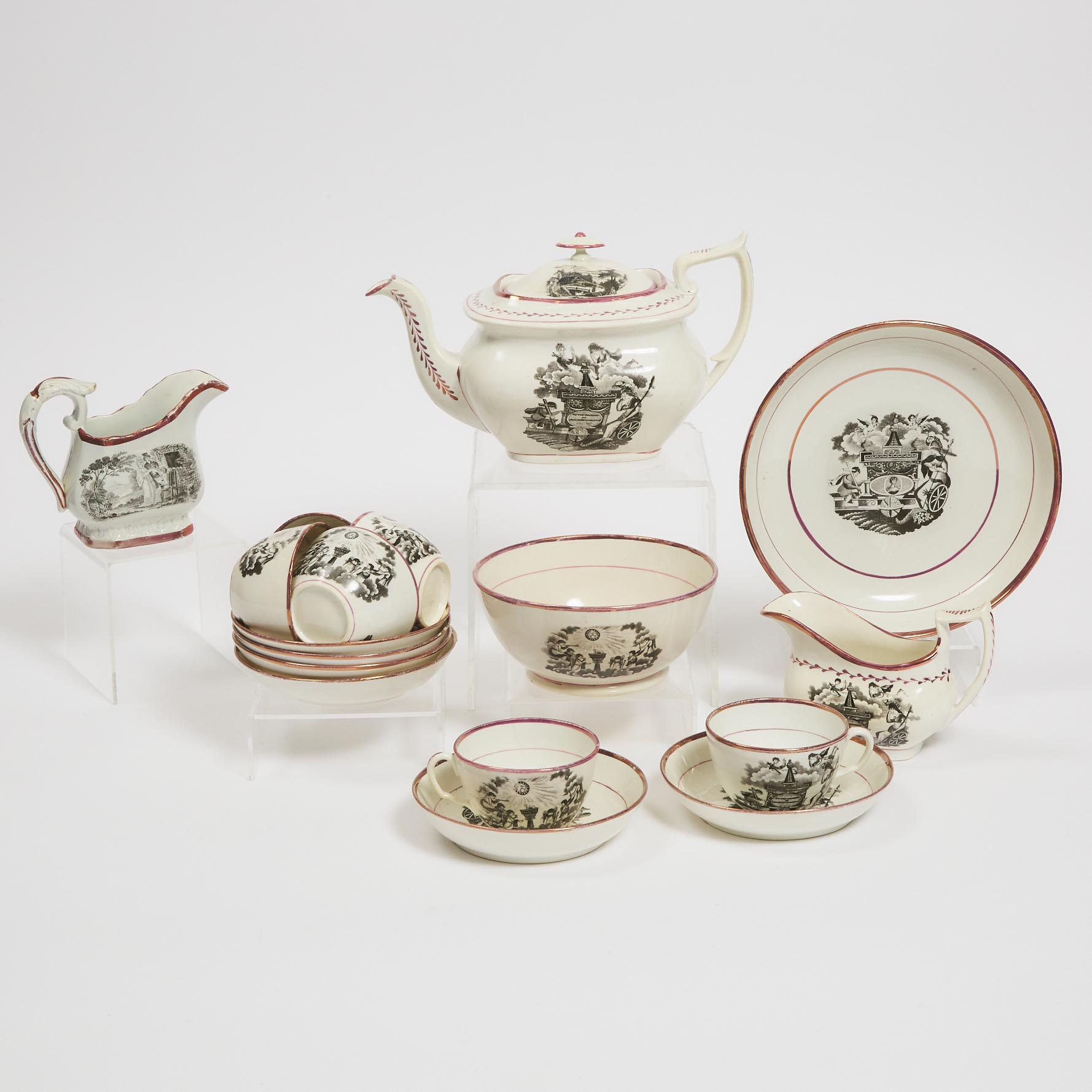 Group of Staffordshire Black Printed and Pink Lustre 'To the Memory of Princess Charlotte' Teawares, c.1817