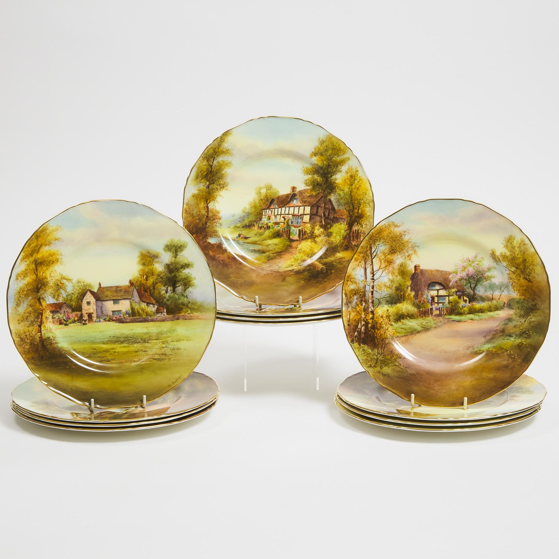 Set of Twelve Royal Worcester Scenic Manor and Cottage Gardens Plates, Raymond Rushton, c.1926-27