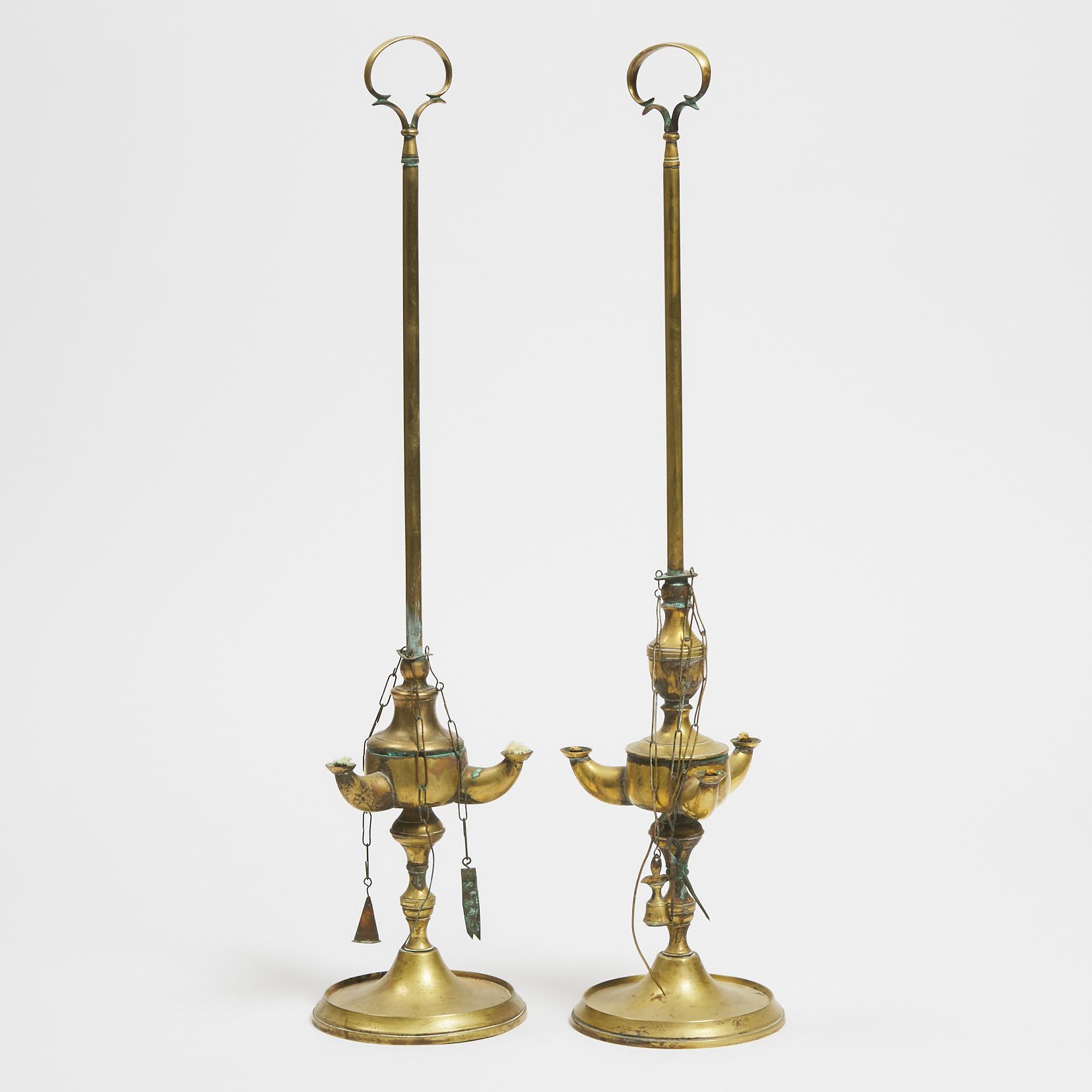 Pair of Florentine Brass Oil Lamps, 19th century