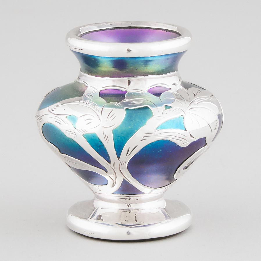 Miniature Silver Overlaid Iridescent Glass Vase, Vandermark Merritt Glass Studios, Branchburg, NJ, late 20th century