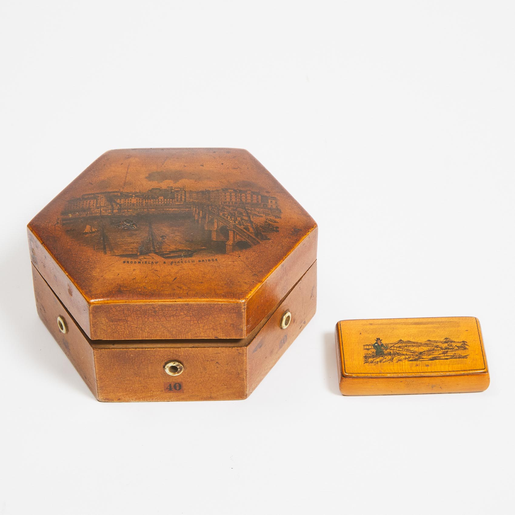 Sewing/Needlework Notions: Maucline Ware Octagonal Sycamore Thread Dispenser, 19th century