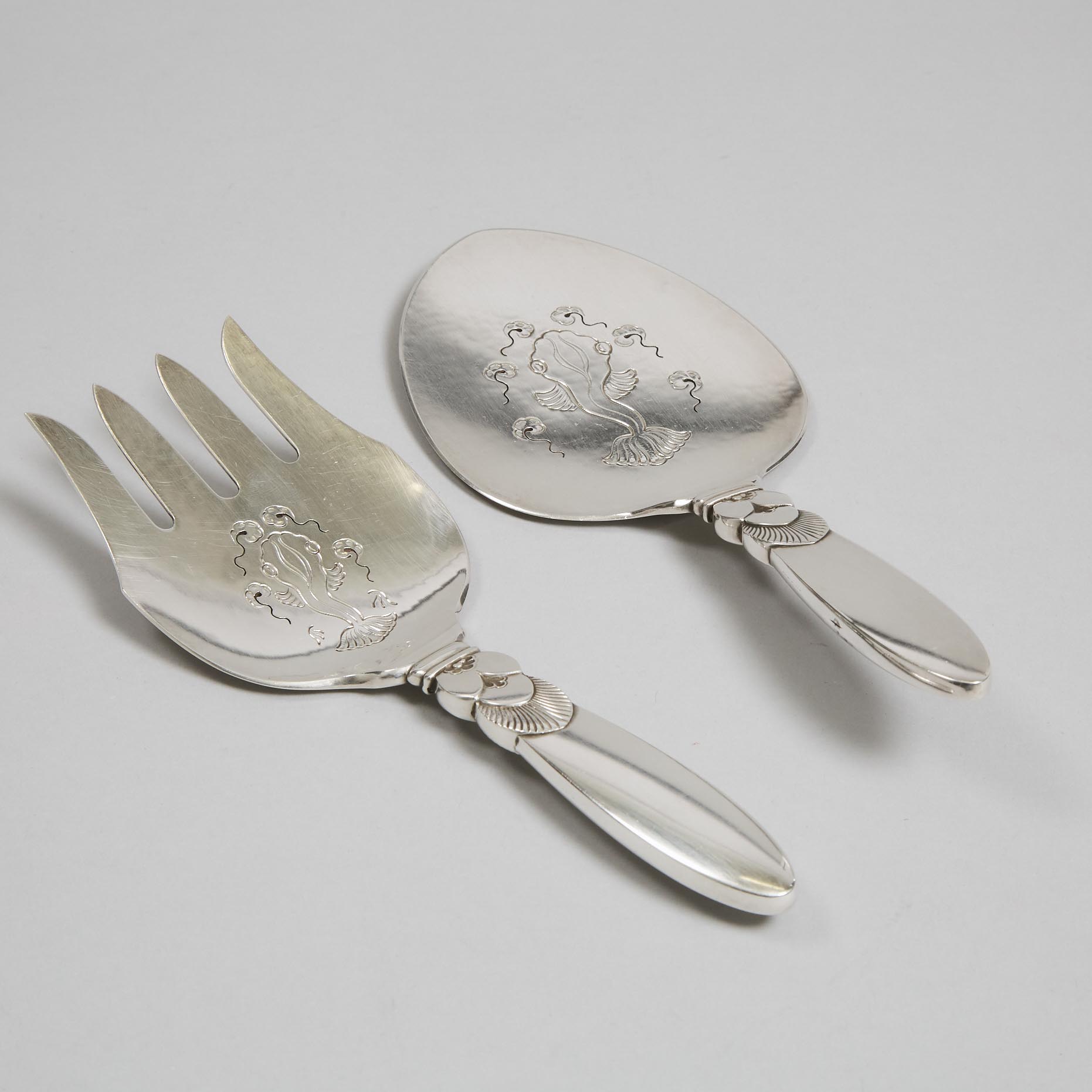 Pair of Danish Silver ‘Cactus’ Pattern Fish Servers, Gundorph Albertus for Georg Jensen, Copenhagen, c.1933-44