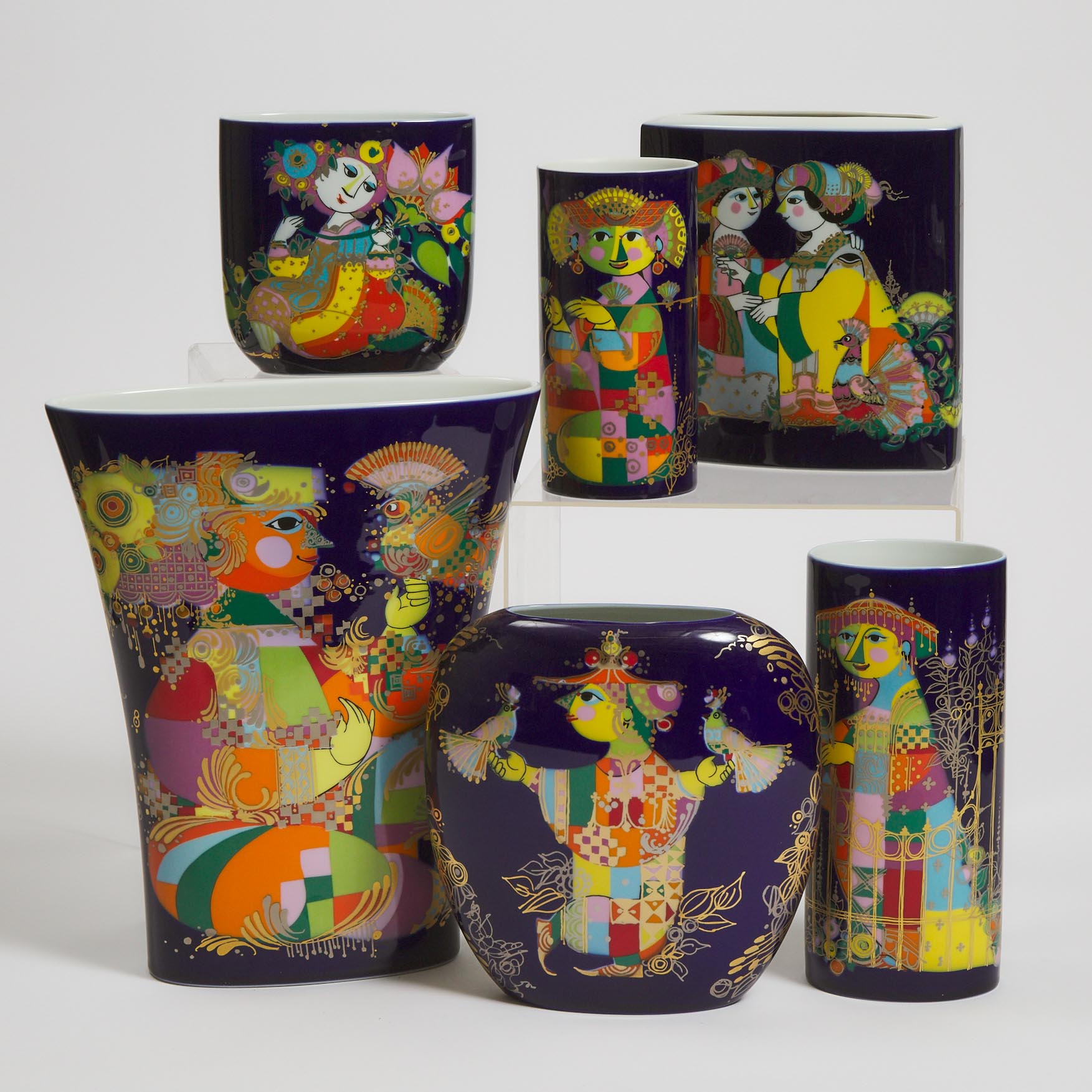 Six Various Rosenthal Vases, Bjorn Wiinblad, late 20th century