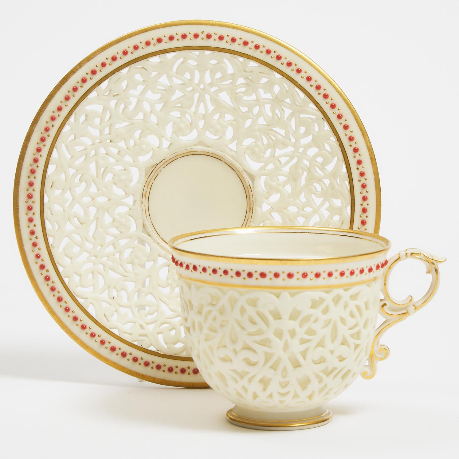 Grainger & Co. Worcester 'Jeweled' and Reticulated Cup and Saucer, c.1892