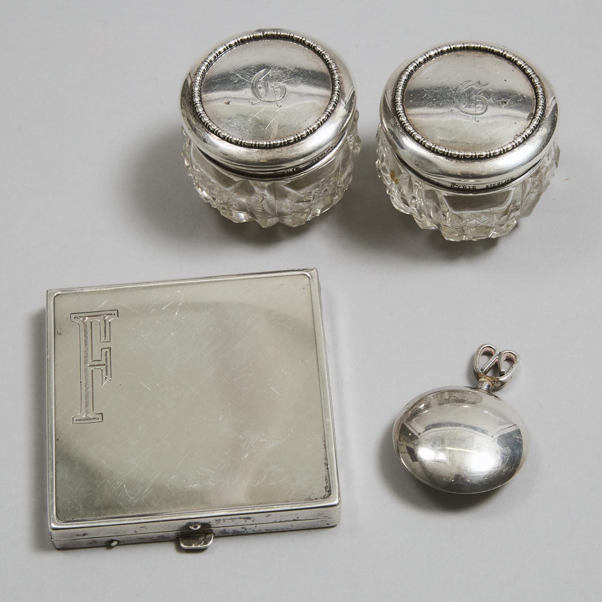 Canadian Silver Compact, Perfume Phial and Two Small Covered Glass Jars, 20th century