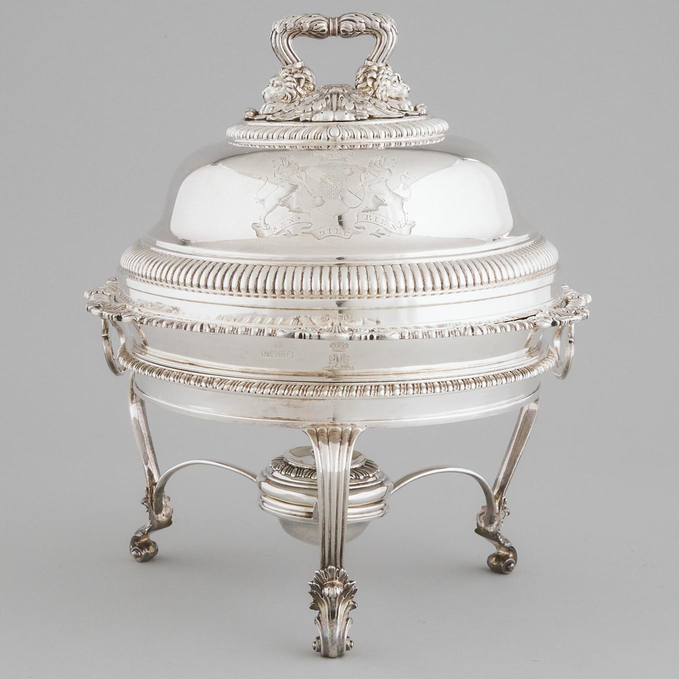 George III Silver Covered Entrée Dish, Paul Storr, London, 1811, and a Warming Stand with Burner, William Stroud, London, 1809
