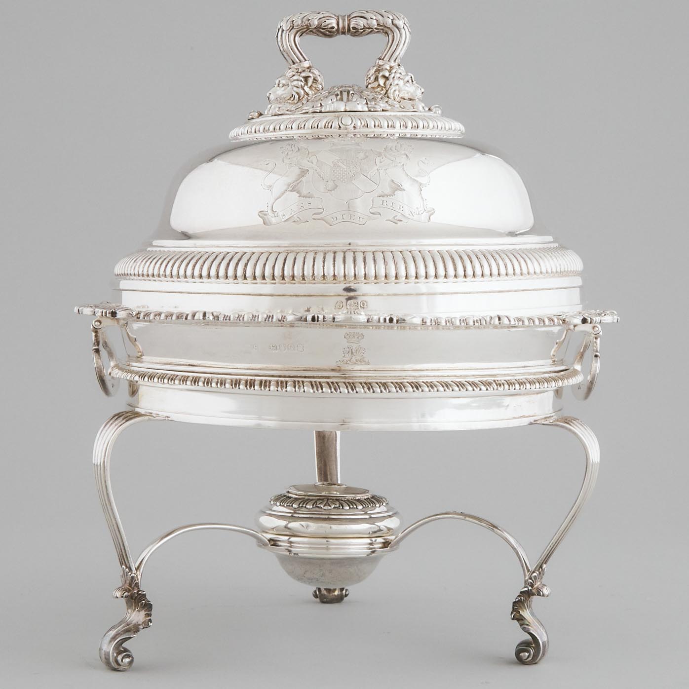 George III Silver Covered Entrée Dish, Paul Storr, London, 1811, and a Warming Stand with Burner, William Stroud, London, 1809