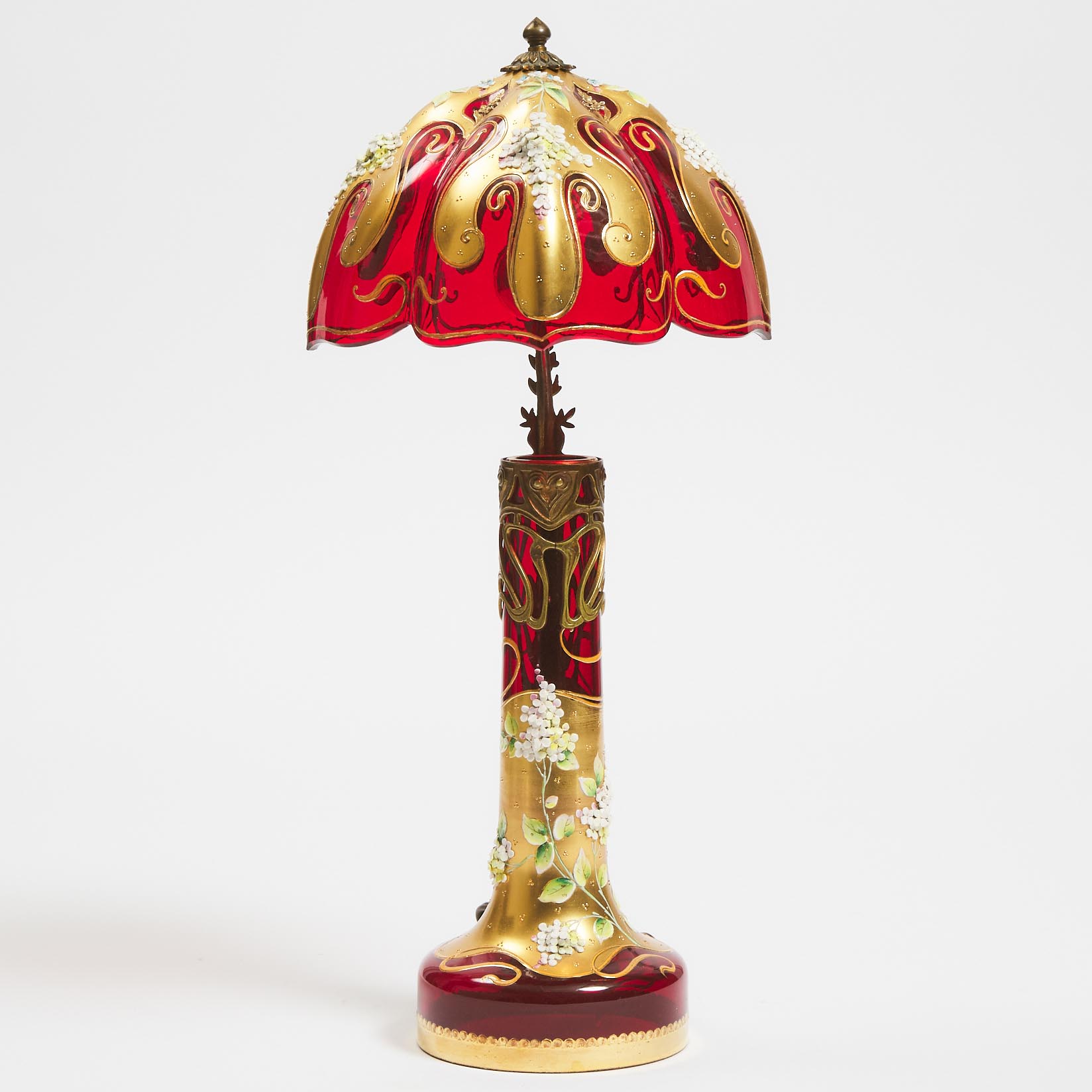 Bohemian Art Nouveau Gilt and Enamelled Red Glass Table Lamp, early 20th century