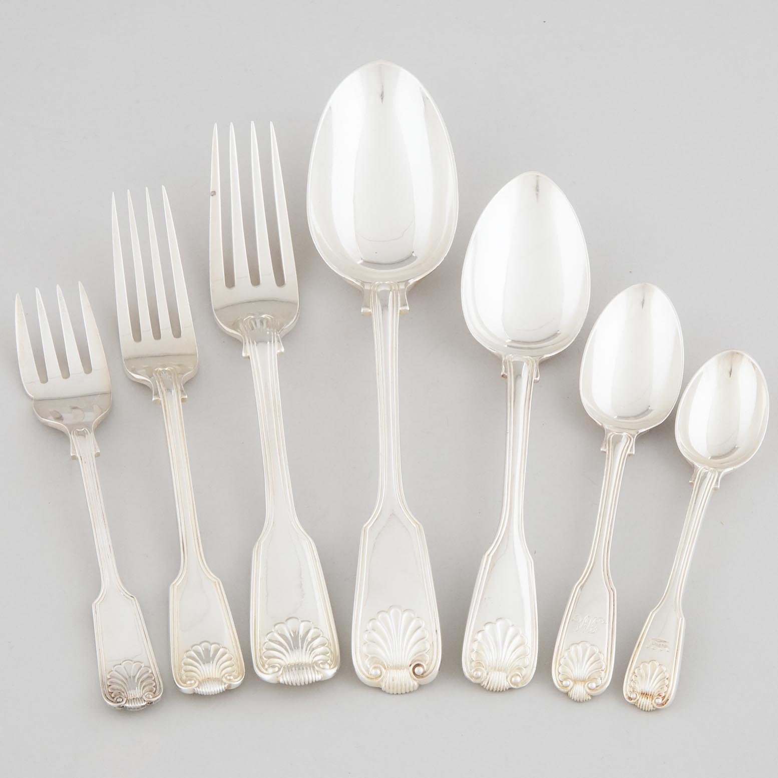Assembled William IV and Victorian Silver Fiddle, Thread and Shell Pattern Flatware Service, London, 1823-71
