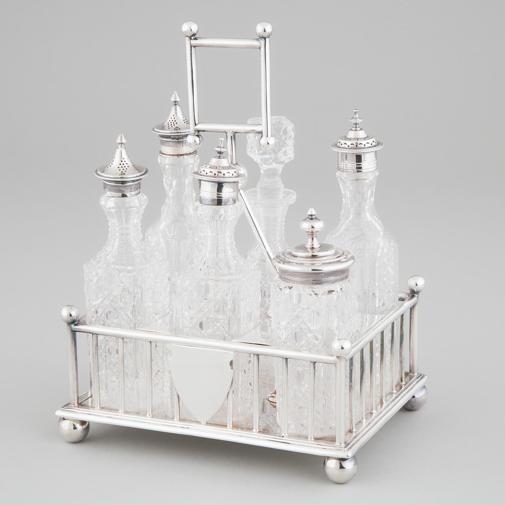 Late Victorian Silver Plated and Cut Glass Six-Bottle Cruet, Atkin Bros., late 19th century