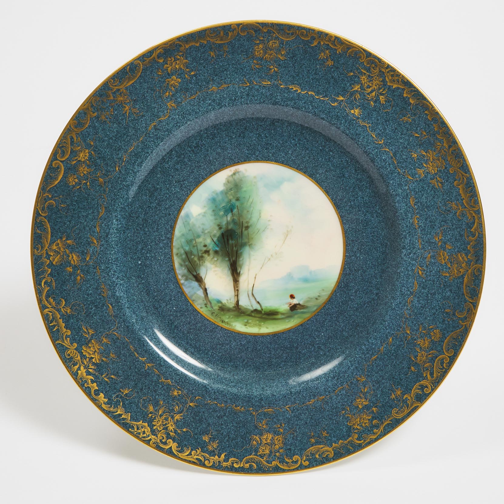 Royal Worcester Powder Blue and Gilt Ground Corot-Style Scenic Paneled Plate, George M. Evans, c.1933