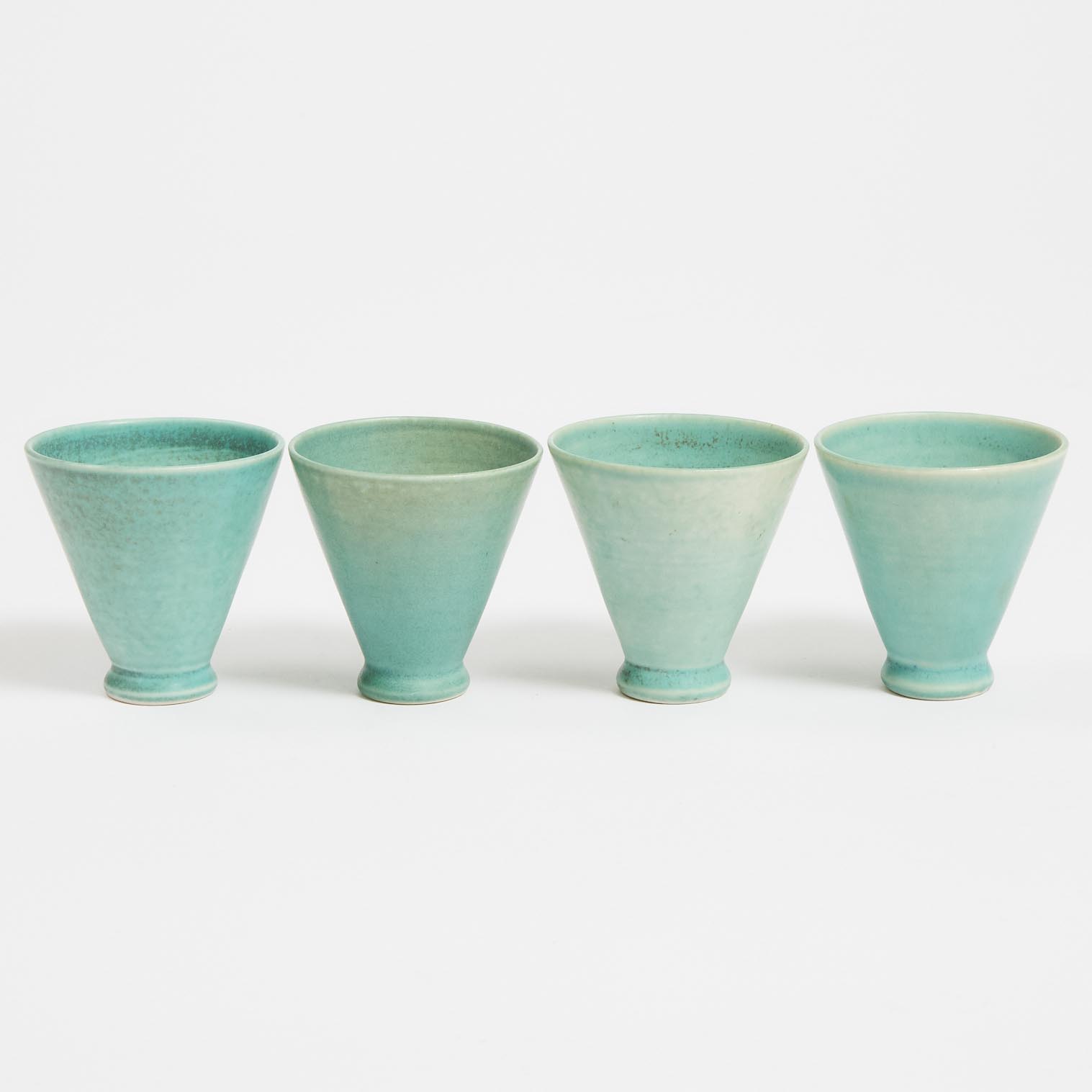 Four Deichmann Mottled Green Glazed Stoneware Small Cups, mid-20th century