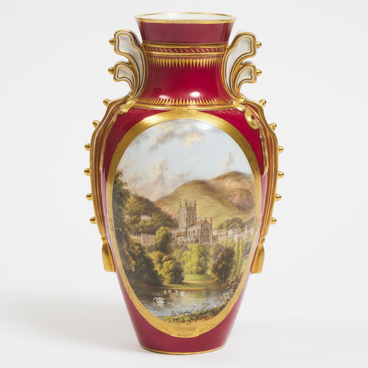 Worcester Claret Ground Topographical Two-Handled Vase Painted with a Panel of Malvern Abbey Viewed from Swan Pool, Robert Perling, c.1860-65