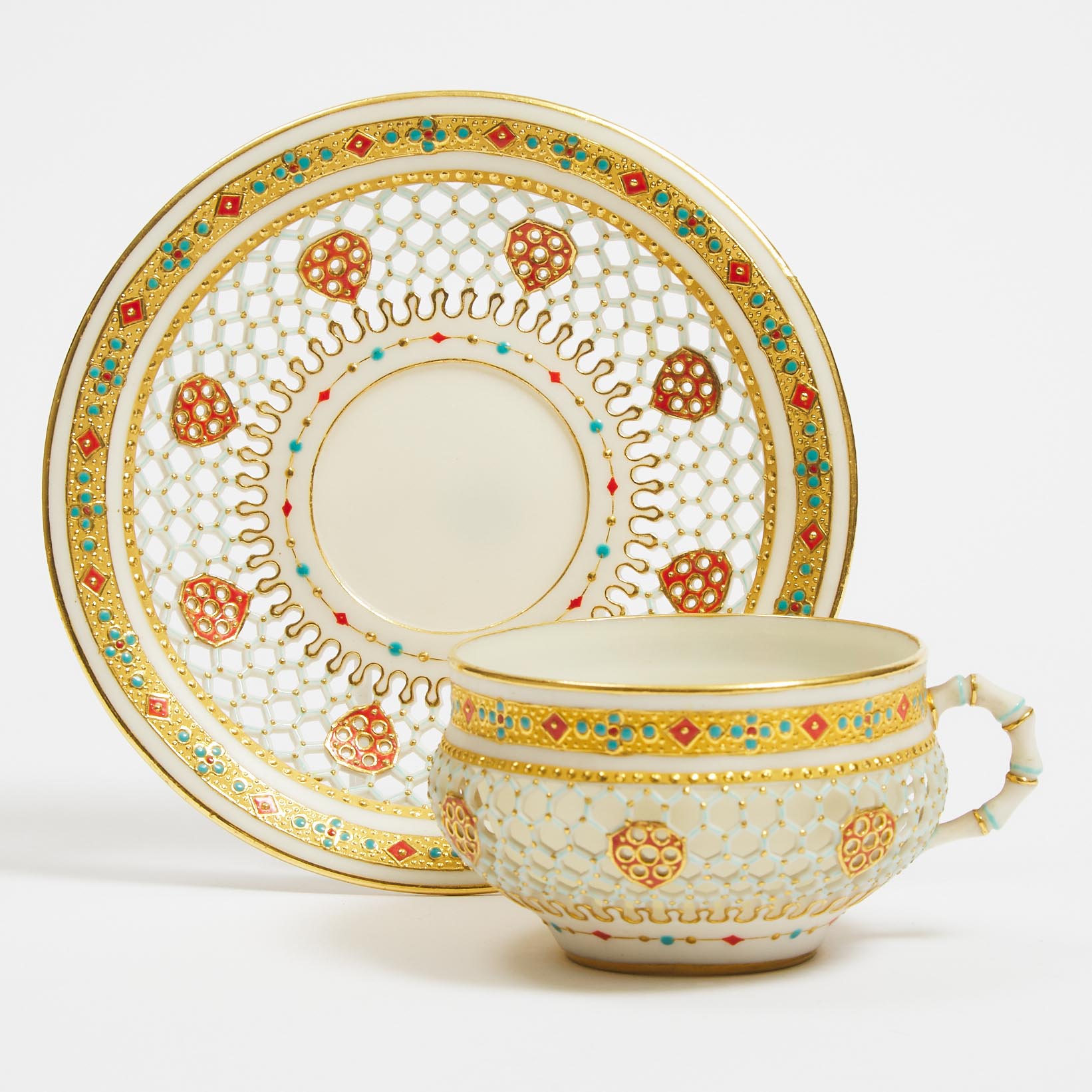 Royal Worcester 'Jeweled' and Reticulated Cup and Saucer, c.1870