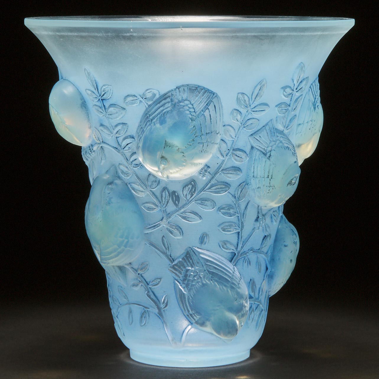 'Saint-François', Lalique Moulded, Frosted and Blue Enameled Opalescent Glass Vase, 1930s