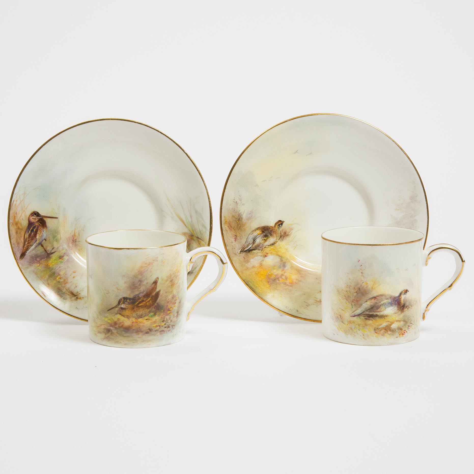 Pair of Royal Worcester Game Bird Coffee Cups and Saucers, James Stinton, c.1941