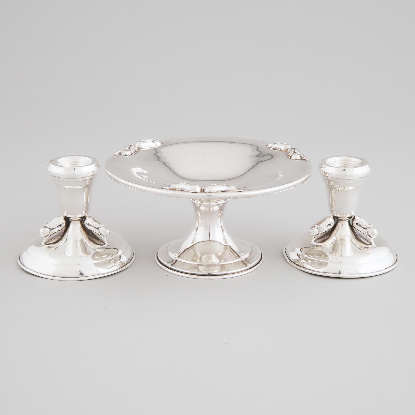 Pair of Canadian Silver Low Candlesticks and a Footed Comport, Poul Petersen, Montreal, Que., mid-20th century