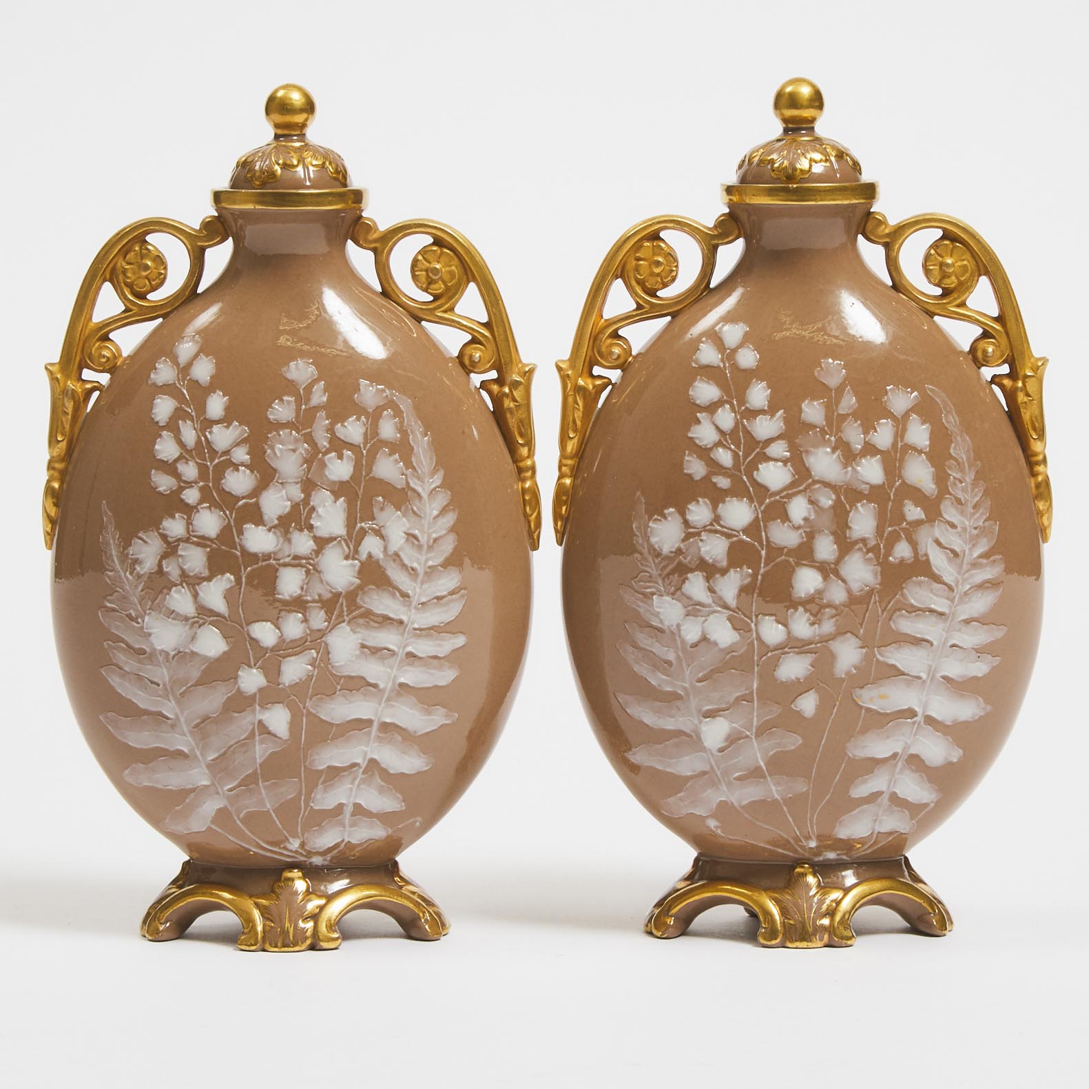 Pair of Grainger & Co. Worcester Pâte-sur-Pâte Pilgrim Flasks and Covers, 1880s