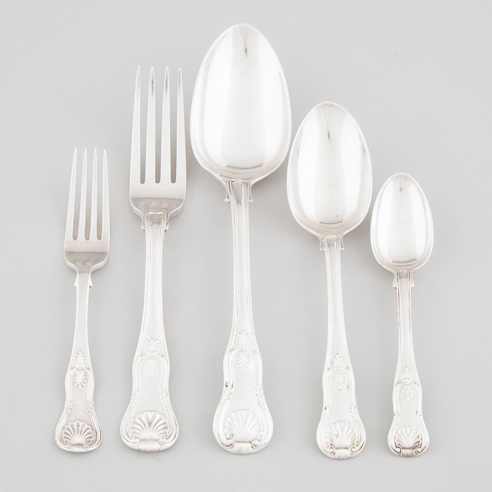 Assembled George IV and Early Victorian Silver Kings Pattern Flatware Service, mainly William Eaton, and Randall Chatterton, London, 1826-43