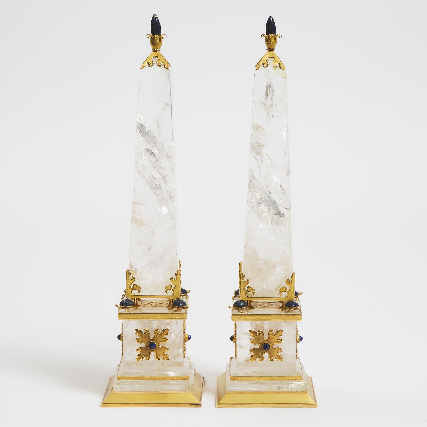 Pair of French Silver Gilt and Sodalite Mounted Obelisks, 20th century