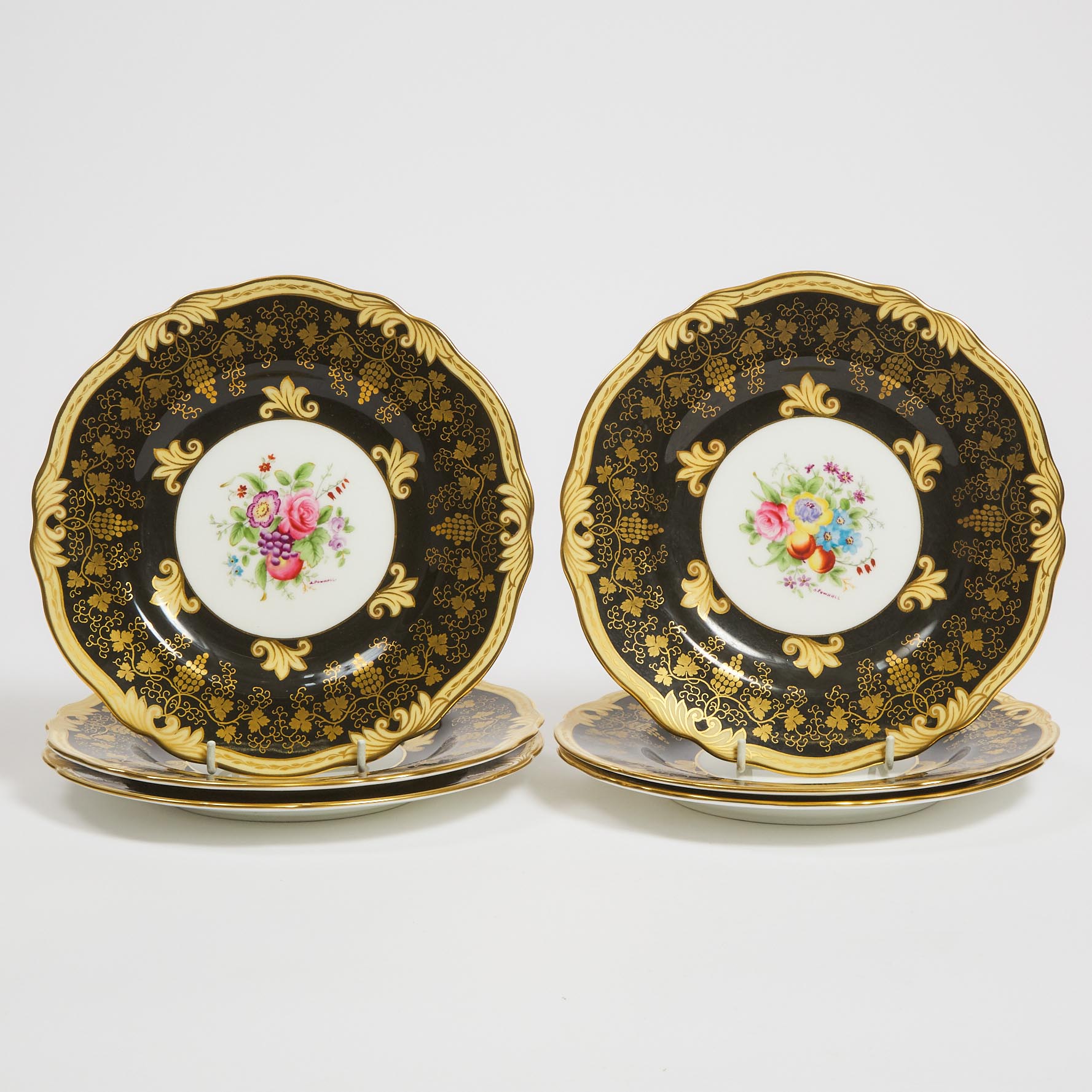 Six Wedgwood Black and Gilt Ground Fruit and Flowers Dessert Plates, A. Pownall, early 20th century