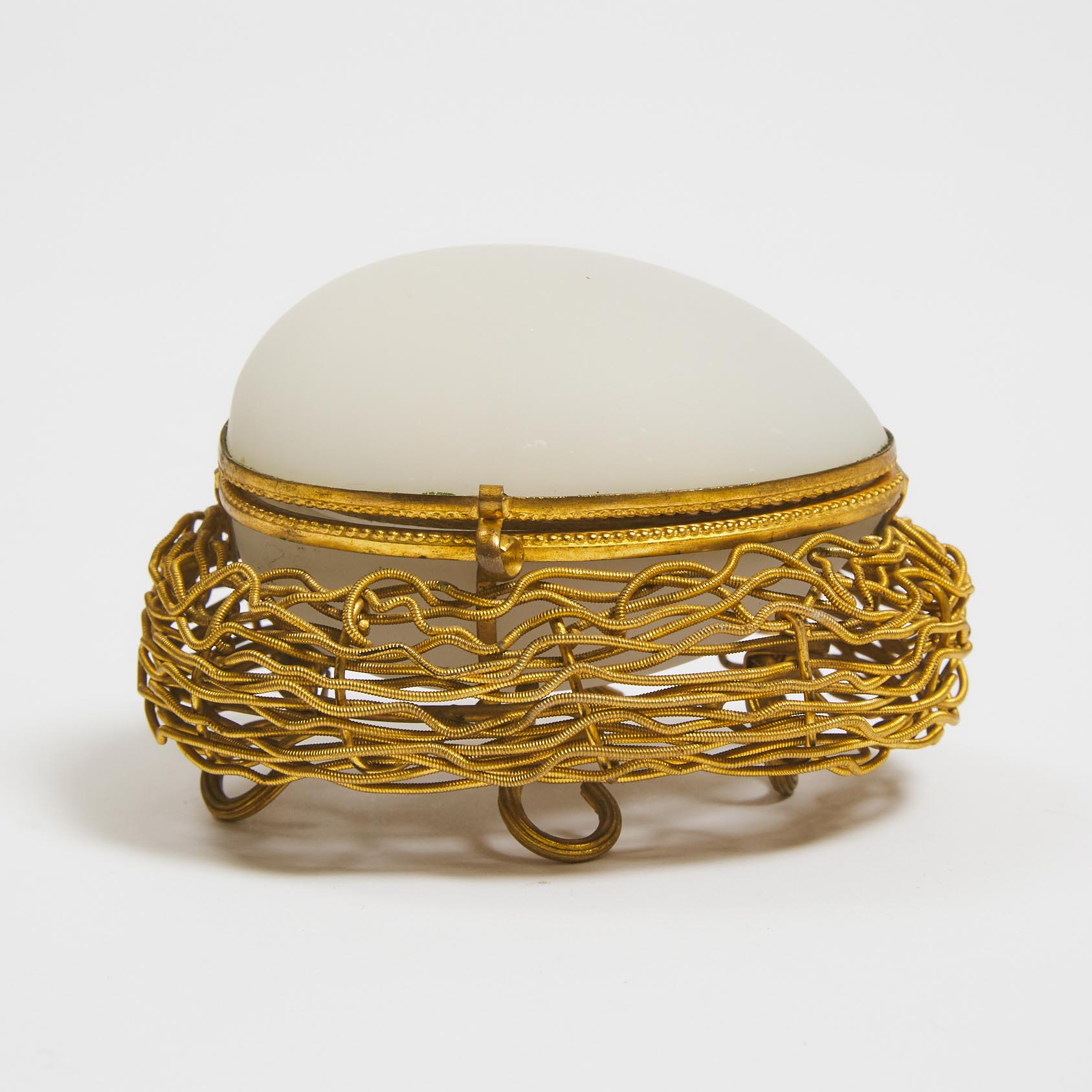 French White Satin Glass and Gilt Wire Nest and Egg Form Sewing Etui, c.1860