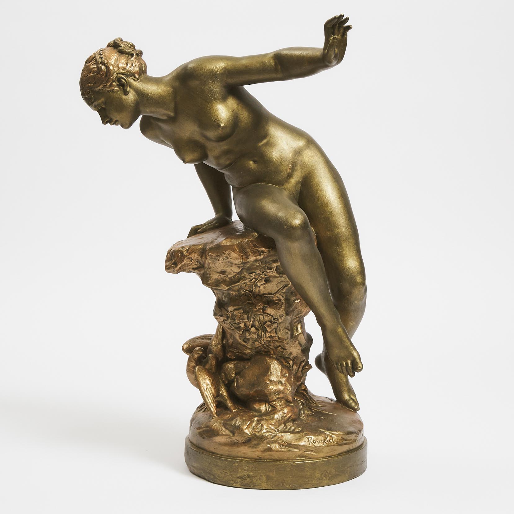 Patinated Terracotta Figure of a Bather Seated on a Rock Observing Doves, after Benoit Rougelet (French, 1834-1894)