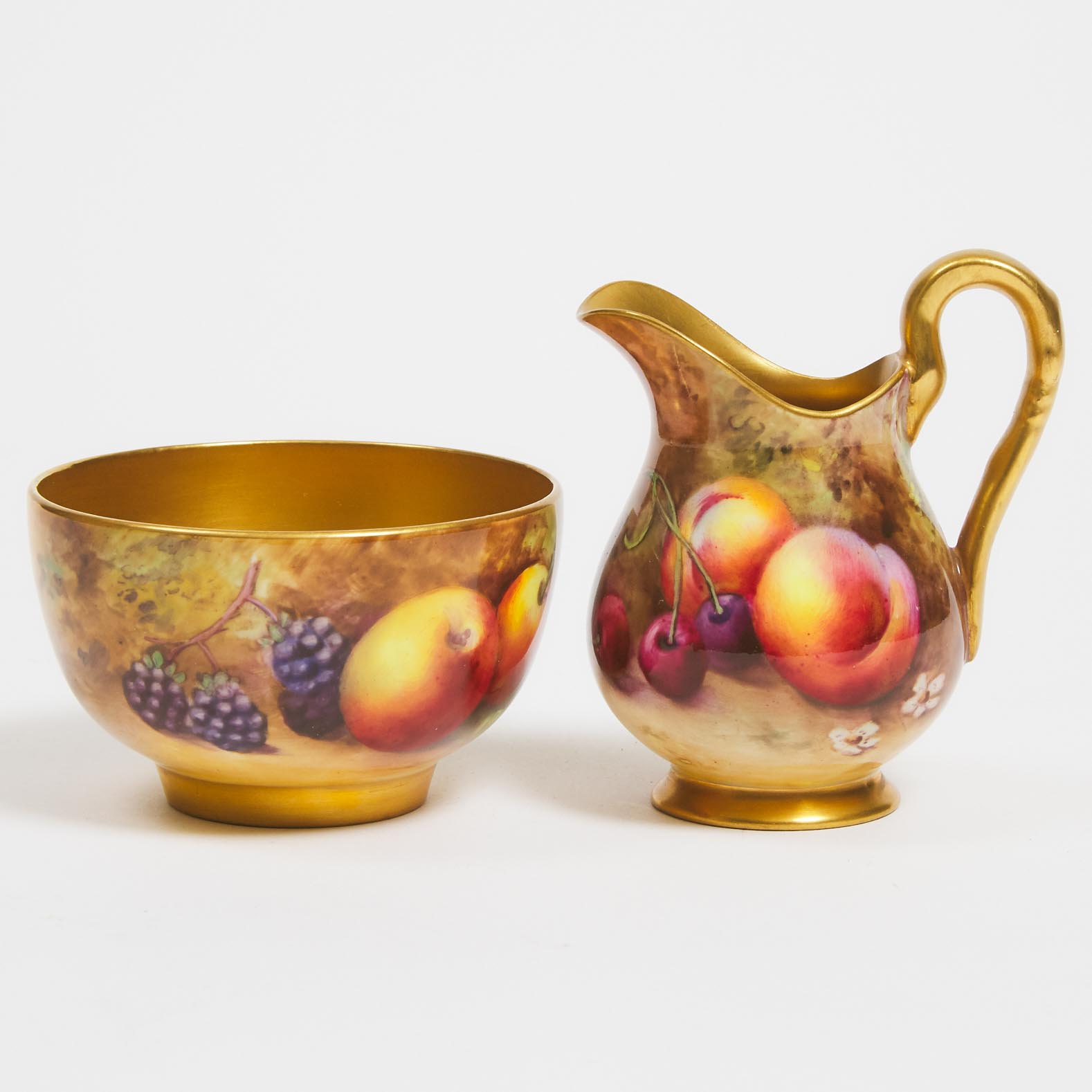 Royal Worcester Fruit Painted Cream Jug and Sugar Bowl, Horace Price, 1930