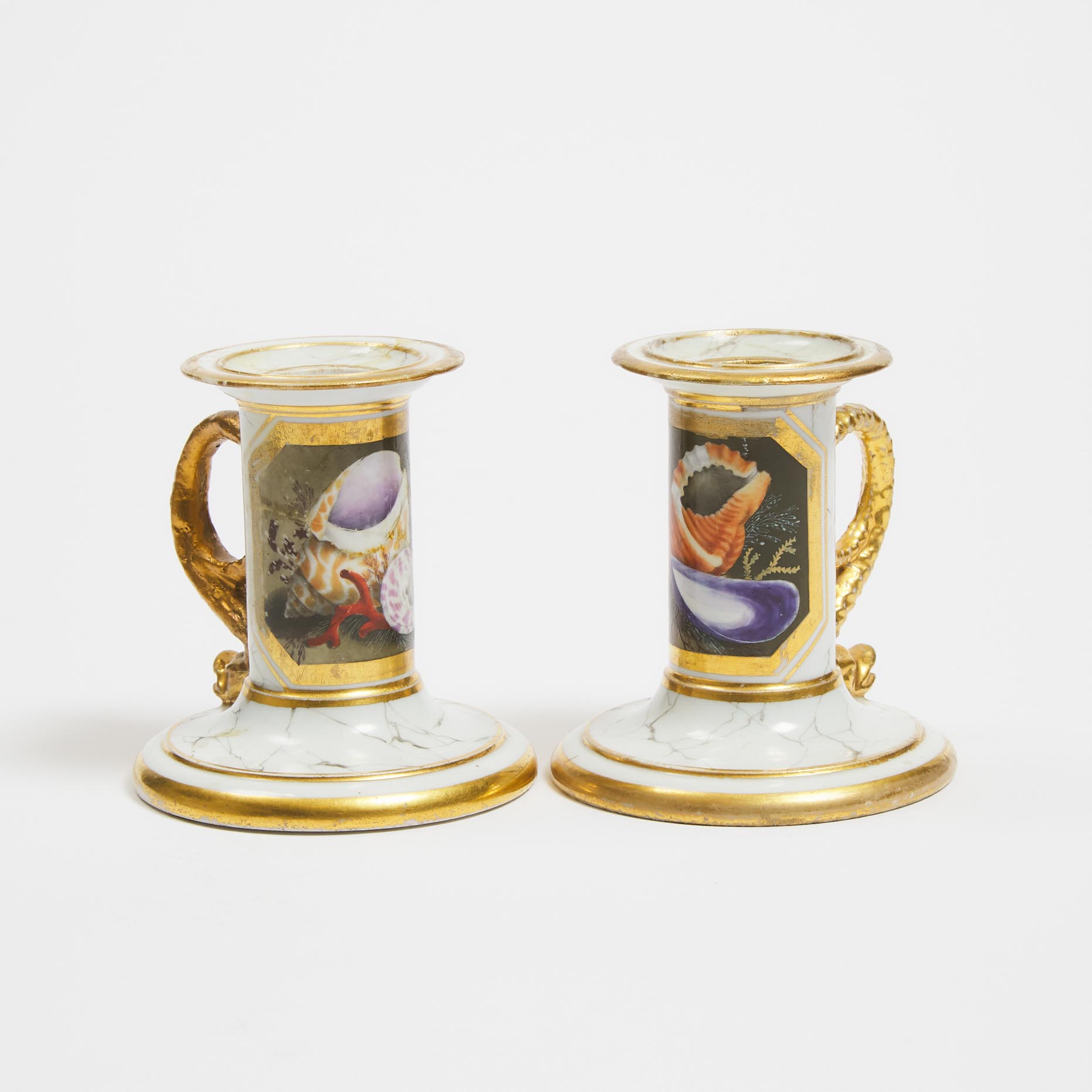 Pair of Flight & Barr Worcester Marbled Ground Shell Painted Desk Candlesticks, c.1800-04