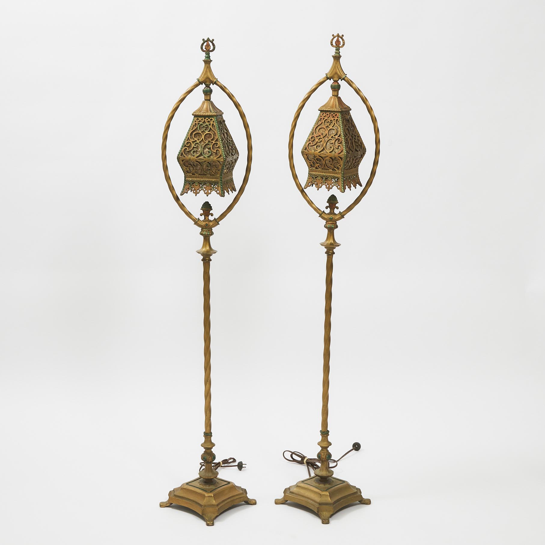 Pair of Orientalist Gilt and Polychromed Metal Floor Lamps, c.1900