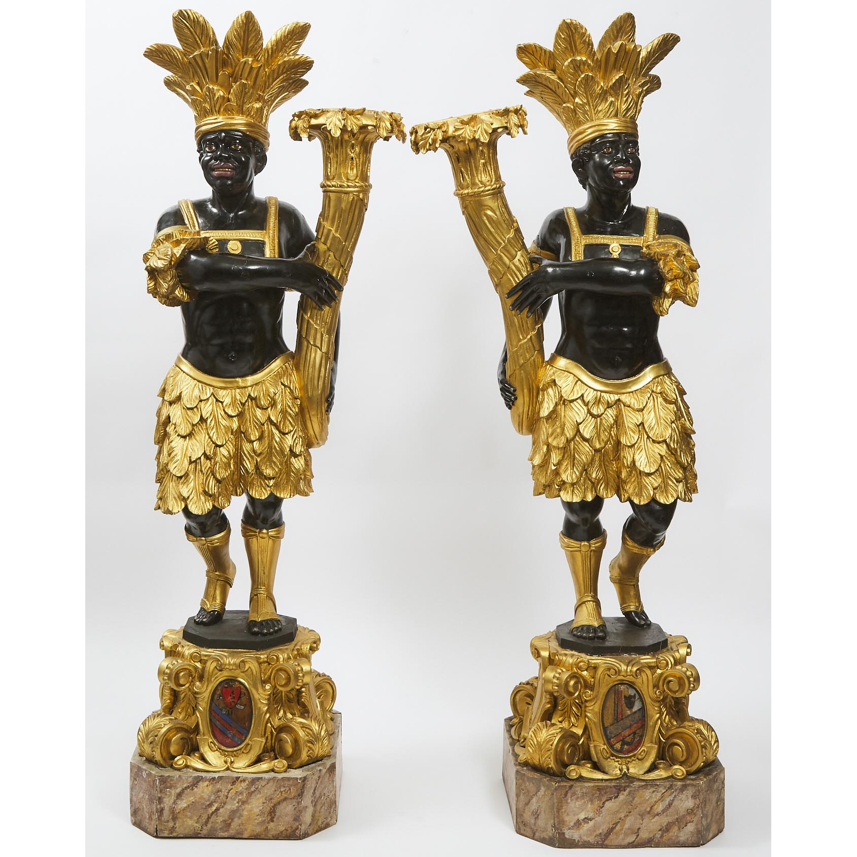 Pair of Florentine Carved, Polychromed and Parcel Gilt Blackamoor Figures, 20th century