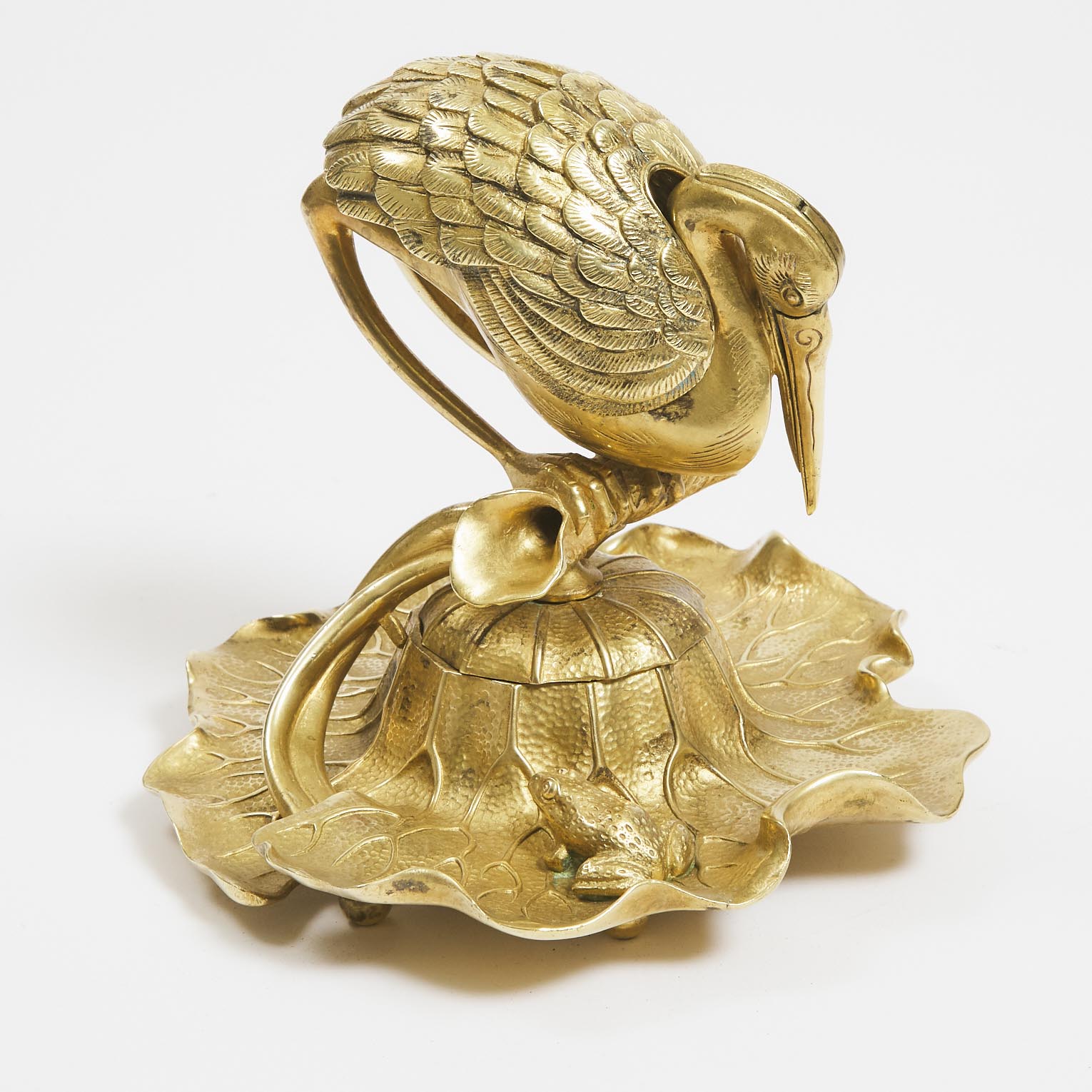 Gilt Bronze Heron and Frog Form Inkwell Desk Stand, early 20th century