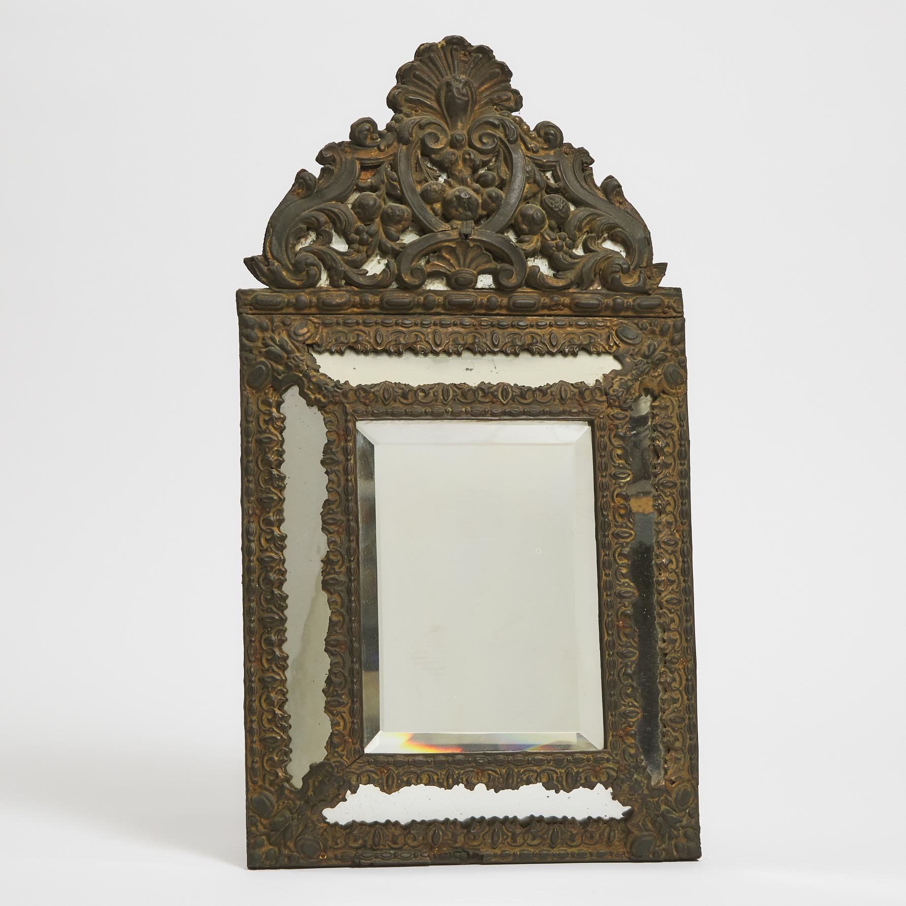 Dutch Baroque Brass Repoussé Mirror-Framed Cushion Mirror, 18th century