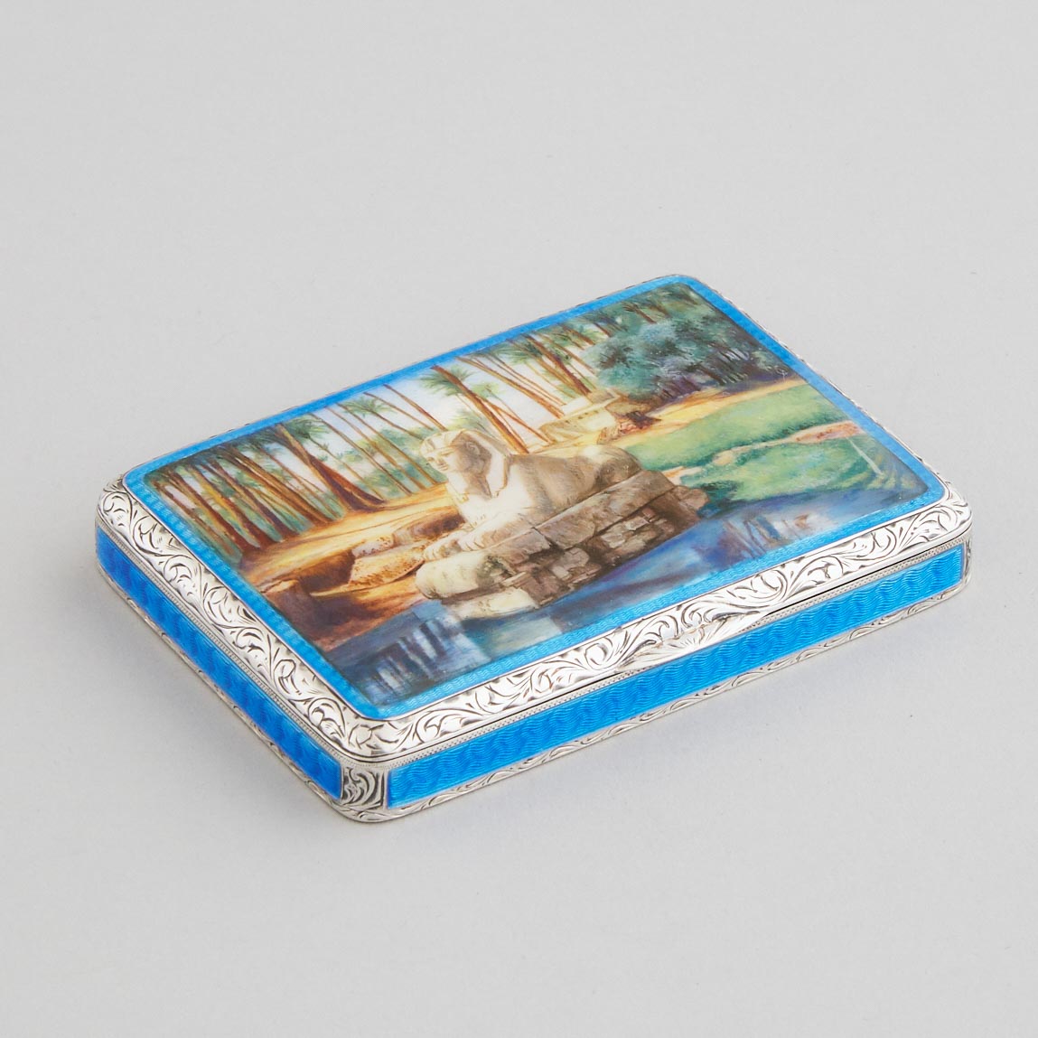 Continental Silver and Painted Guilloché Enamel 'Sphinx' Rectangular Box, early 20th century