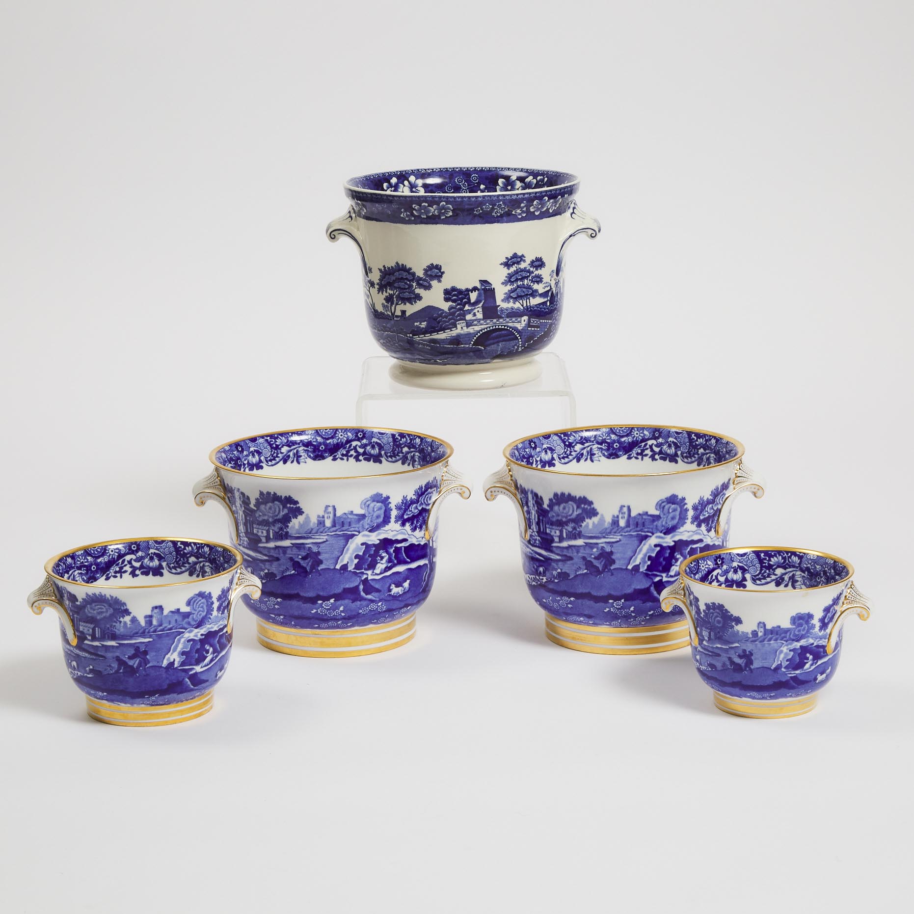 Five Copeland Blue-Printed 'Spode's Tower' and 'Spode's Italian' Pattern Cachepots, 20th century