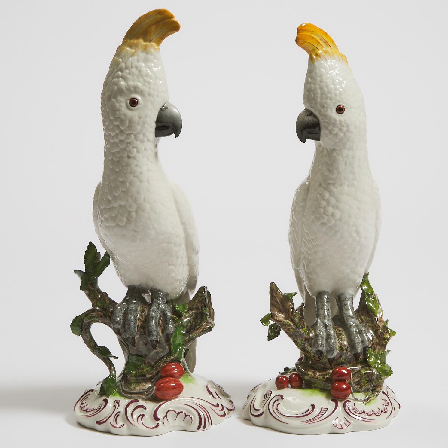 Pair of Nymphenburg Models of Yellow-Crested Cockatoos, 20th century